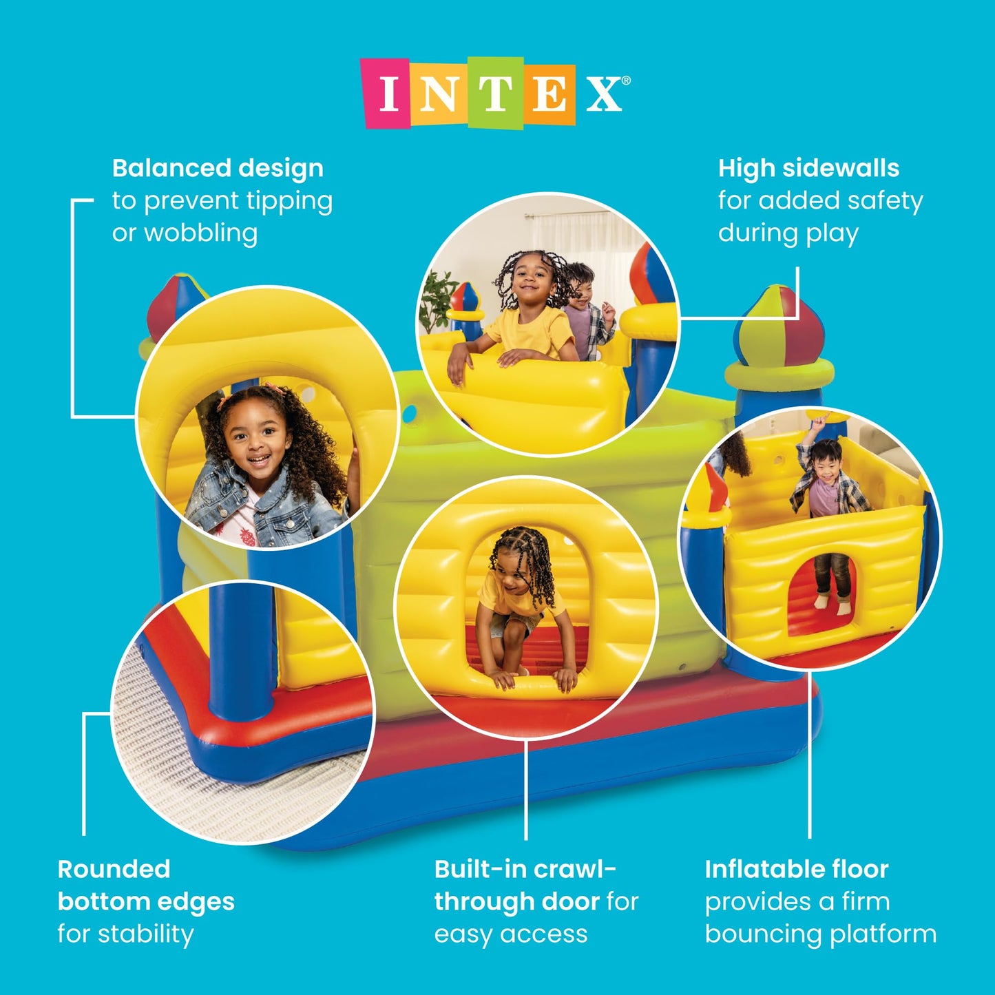 Intex Inflatable Colorful Jump-O-Lene Castle Bounce House, for 2 Kids Ages 3-6 - Large Blow-Up Indoor Outdoor Children's Bouncer Jumper Playhouse
