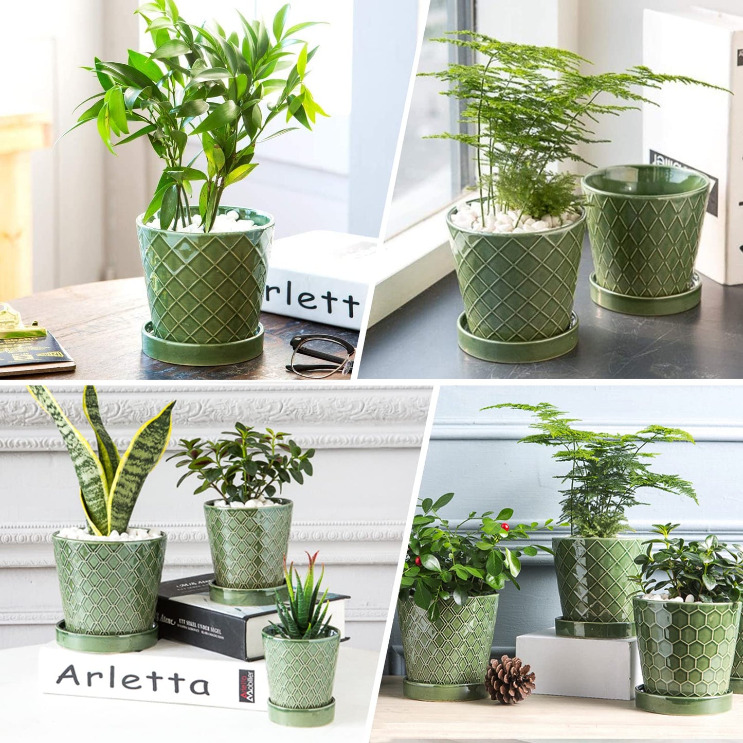 EFISPSS Flower Planter –5 inch Ceramic Plant Pots with Drainage Hole and Ceramic Tray - Gardening Home Desktop Office Windowsill Decoration Gift Set of 4 - Plants NOT Included