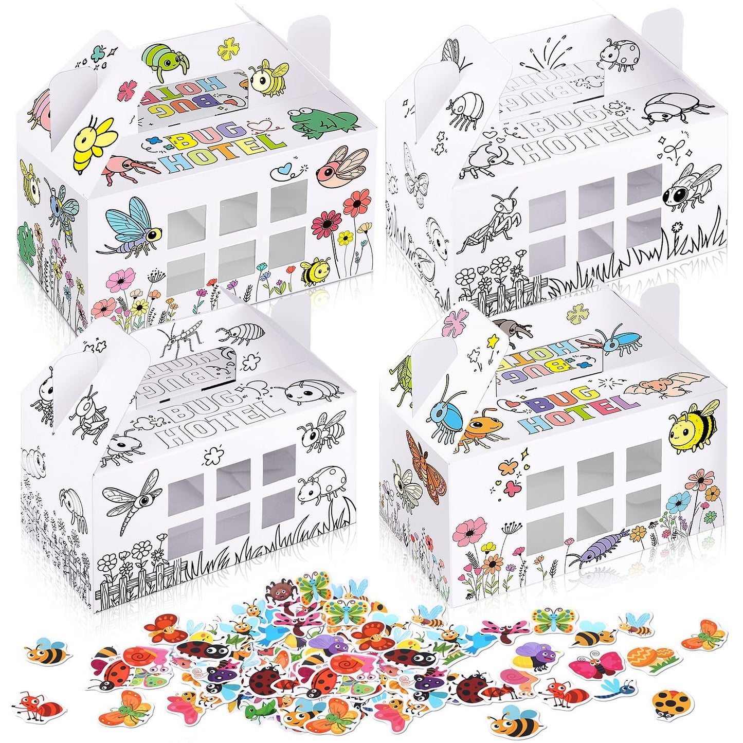 Ailefentene 28 Pack Bug Hotel Box Color Your Own Cardboard Bug Catchers with Stickers, DIY Insect Critters Collection Gable Box with Window for Spring Summer Garden VBS Crafts Party Favors