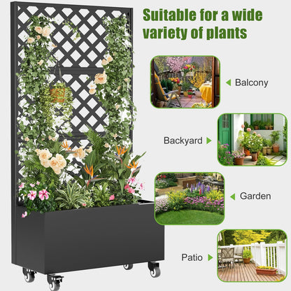 blusoke Metal Planter Box with Trellis and Wheels,Raised Garden Bed with Trellis,72" Tall Privacy Screen with Planter Box and Drainage Holes,Plant Trellis for Climbing Plants Outdoor,Vegetables,Vines