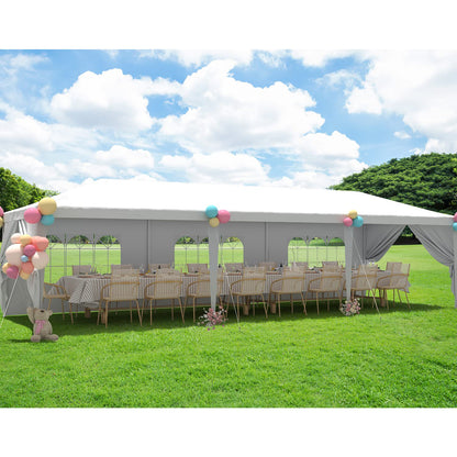 Greesum 10x30 Outdoor Canopy with with 6 Side Removable Walls, Patio Camping Heavy Duty Gazebo Shelter for Party Wedding BBQ Events, Waterproof Tent, White