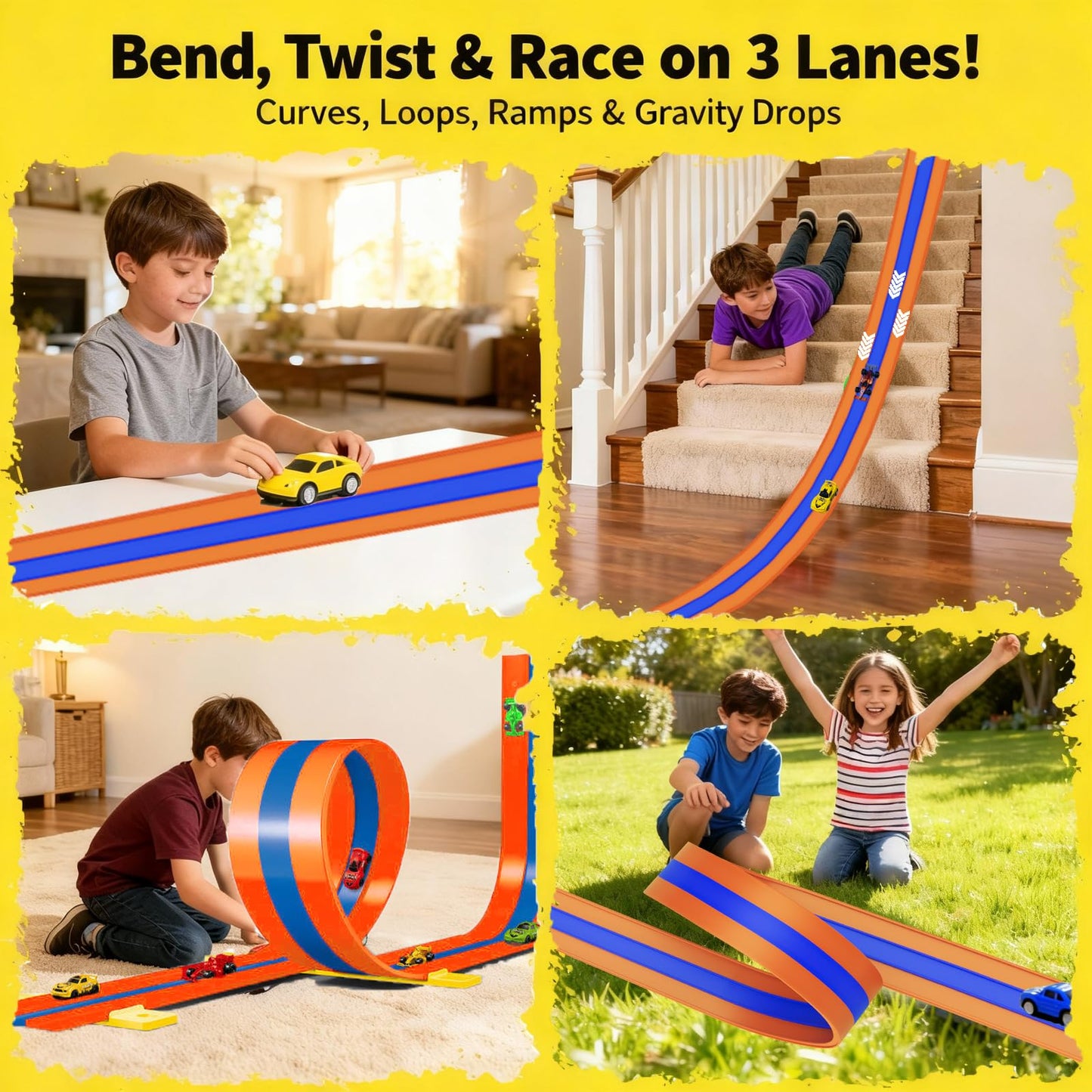 Flexible Race Track 3-Lane 15ft Race Car Track Compatible with Diecast 1/64 Scale Cars, Flexible Car Track Race Ramp Toy with Strong Suction Cups