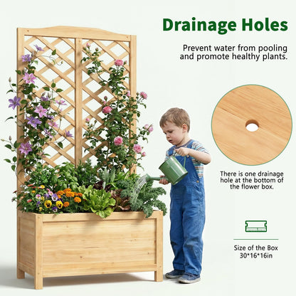 UrGROWA Wooden Raised Garden Bed with Trellis, Freestanding Planter Box with Drainage for Vines Climbing Plants Flowers Herbs, Elevated Gardening Planter for Backyard Balcony Patio