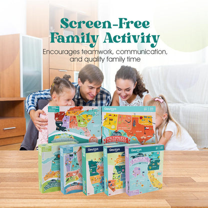 Geotoys USA Regional Jigsaw Puzzle Bundle - Set of 7 Jigsaw Puzzles for Kids Ages 8-12 - 250 Piece Puzzles for Kids Featuring New England, Midwest, Pacific & More – Regional US Map Puzzle with Flags
