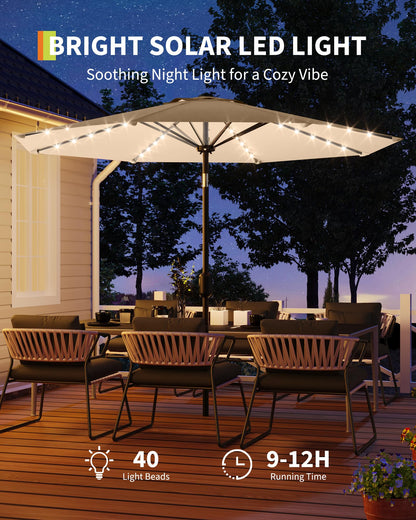 GarveeLife 10 ft Patio Umbrella with Solar Lights, 8 Ribs Outdoor Market Table Umbrella with 40 LED Lights & Tilt Crank for Pool, Deck, Backyard (Tan)