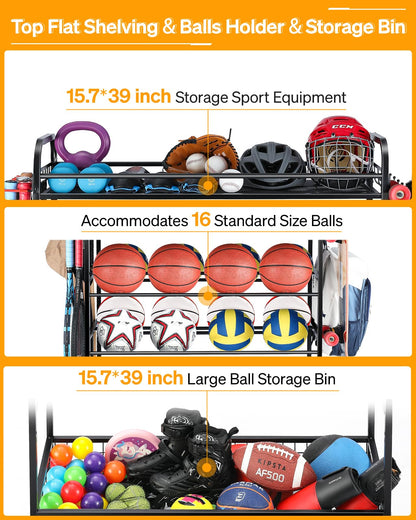 EXTCCT Garage Sports Equipment Organizer - Rolling Ball Storage Bin with Wheels, Garage Sports Gear Rack Outdoor Basketball Racks for Balls with Baseball Bat Holder and Hooks, Toy Organizer