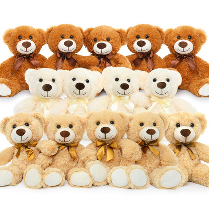 MorisMos 14 Piece Teddy Bears Bulk Baby Shower,14 Inch Cute Teddy Bear Stuffed Animals Plush,Small Stuffed Bears,Centerpiece Decoration,Brown,White,Dark Brown