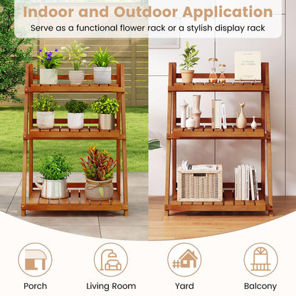 Giantex Foldable Ladder Plant Shelf, 3-Tier Solid Wood Indoor Outdoor Flower Pot Display Rack, Corner Storage Bookshelf, Freestanding Tiered Plant Stand for Garden Patio Balcony, No Assembly