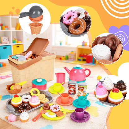Picnic Basket Toys Play Tea Sets with Teapot Tea Cup Dessert Food,Ice Cream Playset, Pretend Play Kitchen Accessories Tea Party Set for Toddlers Kids Little Girl Boy Age 3-7 Years Old
