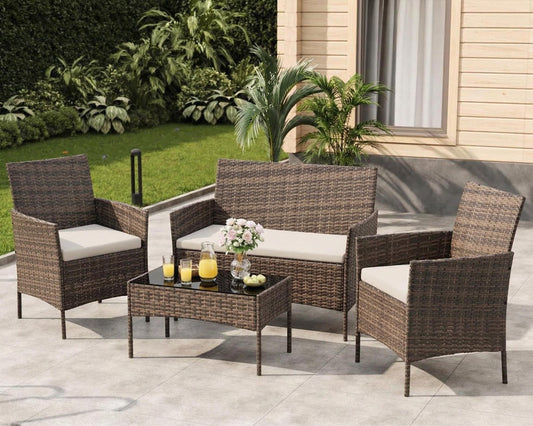 GarveeLife 4-Piece Patio Furniture Set, Rattan Outdoor Furniture with Upholstered Sofa, 2 Chairs & Coffee Table, Modern Conversation Bistro Set for Garden Backyard Porch (Gradient Brown and Beige)