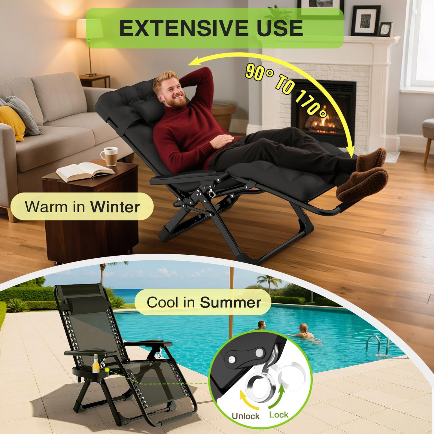 Suteck Zero Gravity Chair, Reclining Camping Lounge Chair w/Removable Cushion, Upgraded Lock and Cup Holder, Reclining Patio Chairs Folding Recliner for Indoor and Outdoor