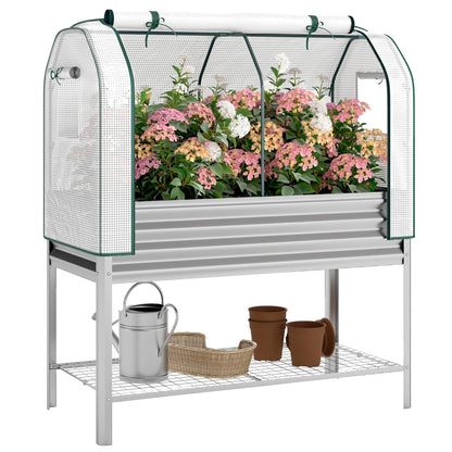 Outsunny Galvanised Raised Garden Bed with Greenhouse Cover, Metal Elevated Garden Bed with Legs, Bed Liner and Bottom Shelf, Outdoor Raised Planter Box for Vegetables, Herbs, Flowers, Silver