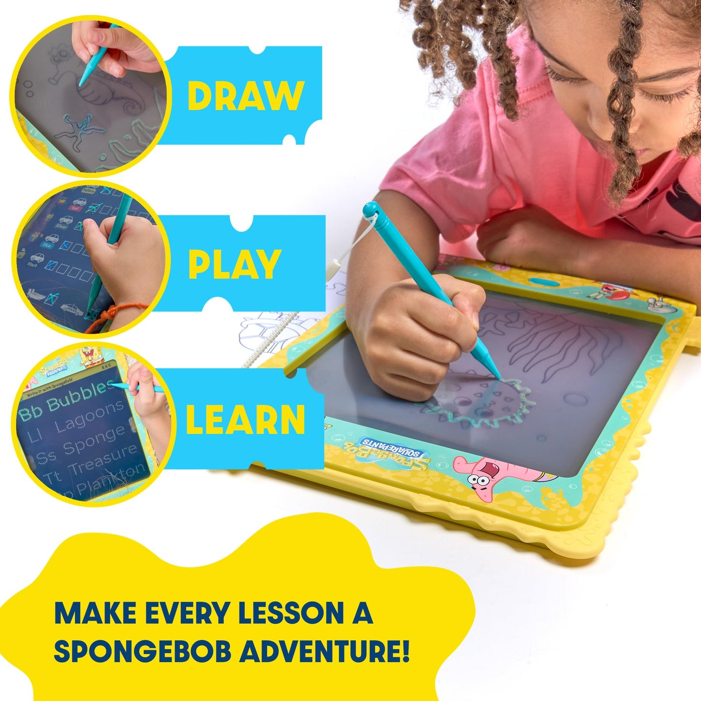 Spongebob Squarepants LCD Doodle Writing Tablet Toy - Travel Essential for Kids - Birthday Gift for Boys & Girls - STEM Drawing & Educational Learning Activity Games (Bubble Turquoise)