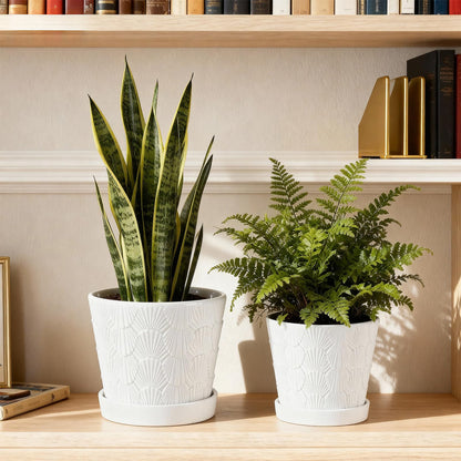 COLOAPT Ceramic Planter,5+6 Inch Ceramic Flower Pots with Drainage Hole&Tray,Embossed Seashell Design Plant pots,Planters for Indoor Plants Succulent Cactus,Flower Pot Home Decor-Set of 2,White