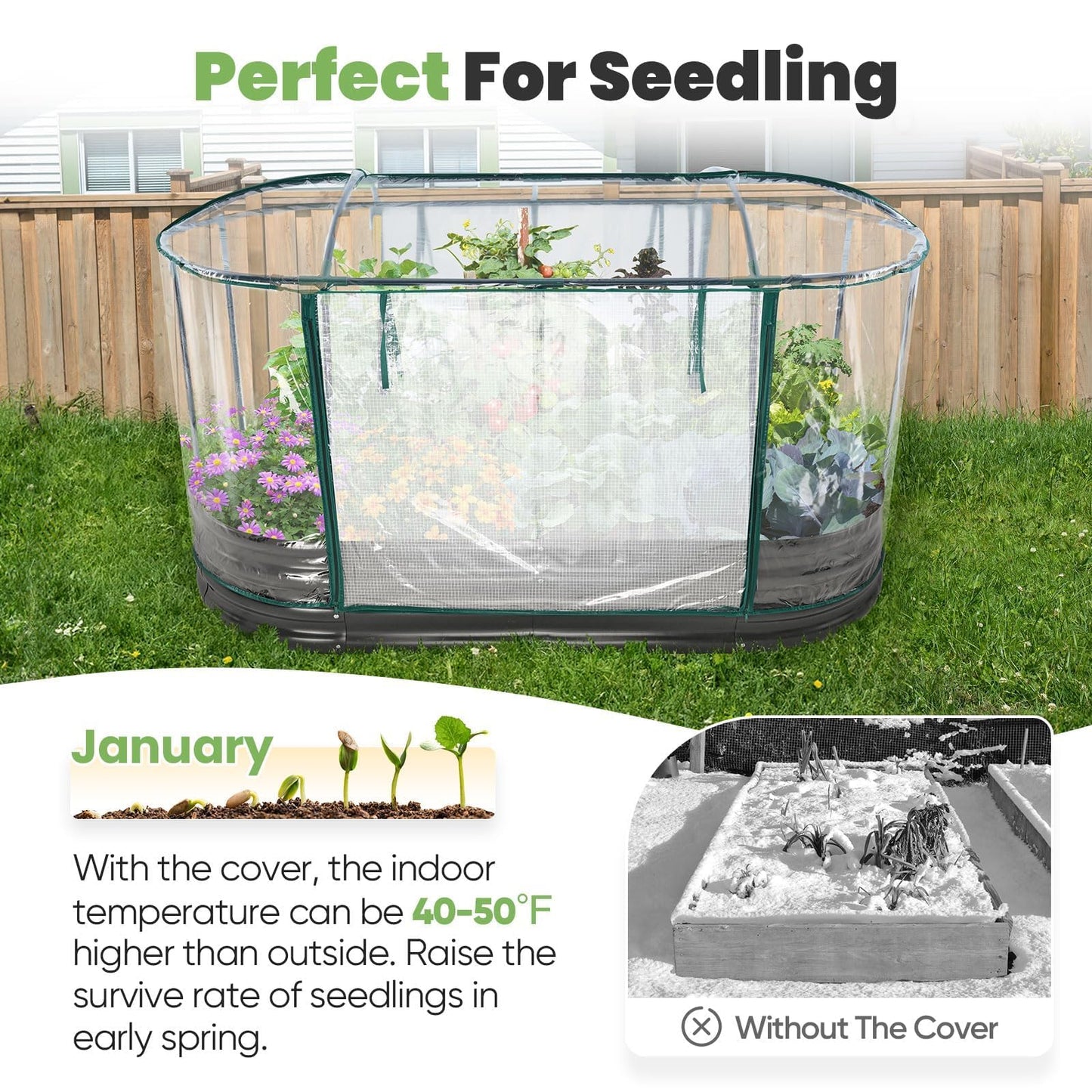 KING BIRD Raised Garden Bed with Cover Galvanized Oval Planter Garden Box Outdoor for Gardening, Vegetables, Flowers 71x36x12 in, White