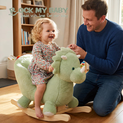 Rock My Baby Rocking Horse Green Dinosaur with Chair, Plush Stuffed Animal Rocker for Toddlers 1-3, Baby Rocker with Sweet Music, Wooden Rocking Horse Baby Animal Rocker,CPC Certified