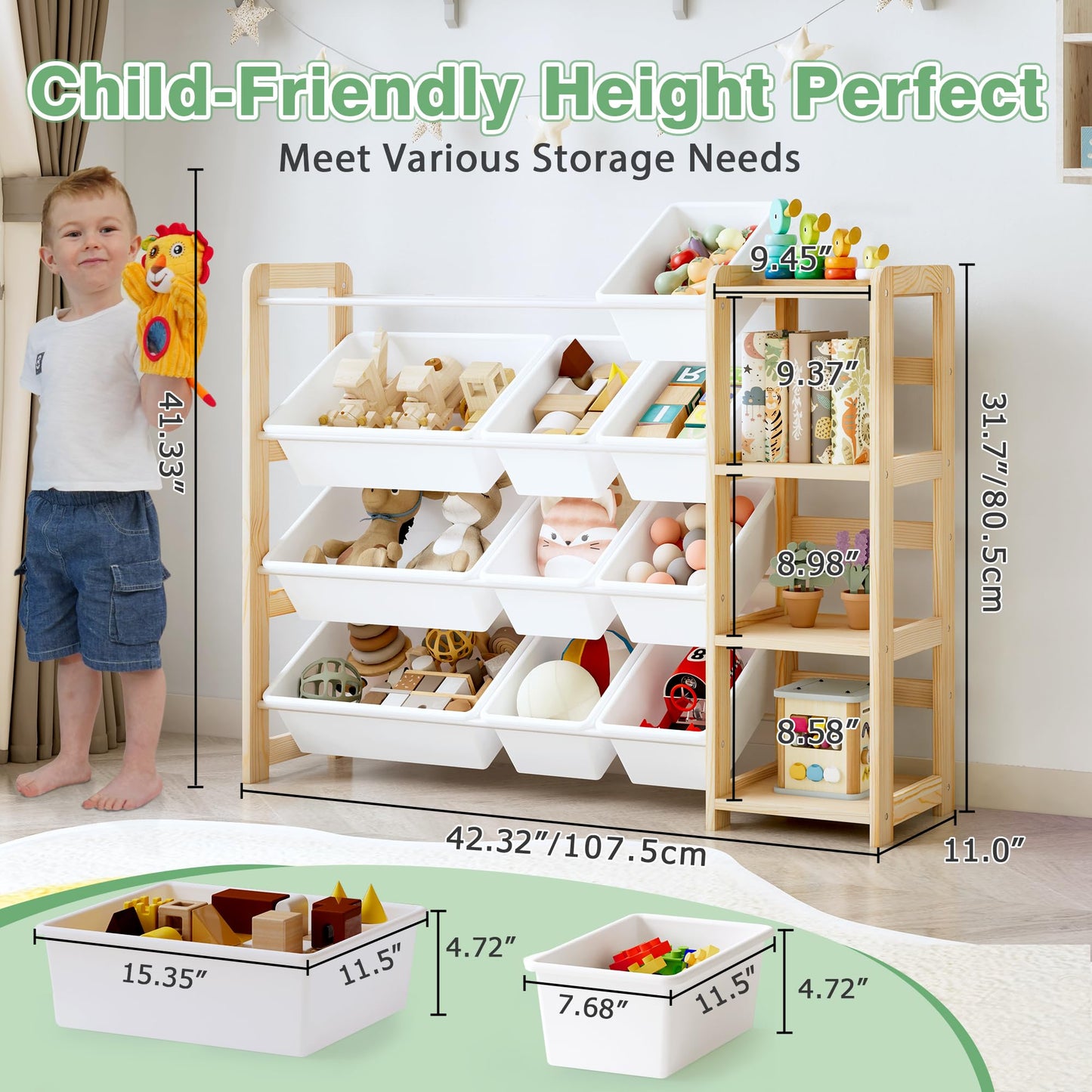 MallBest Kids Toy Storage Organizer with Bookshelf – Wooden Toy Bin Organizer with 12 Storage Bins & 3-Tier Shelf, Toy Shelf for Toddlers, Nursery, Playroom, Bedroom(Natural)