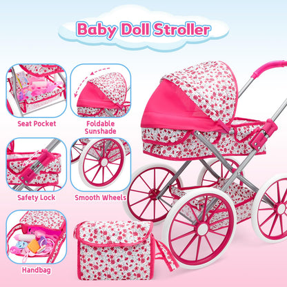deAO Baby Doll Stroller Set Baby Doll Accessories Playset Pretend Play Toys with 12" Baby Doll,Foldable Stroller,2 Sets Doll Clothes High Chair Christmas Birthday Gift for Toddler Girls 3-7