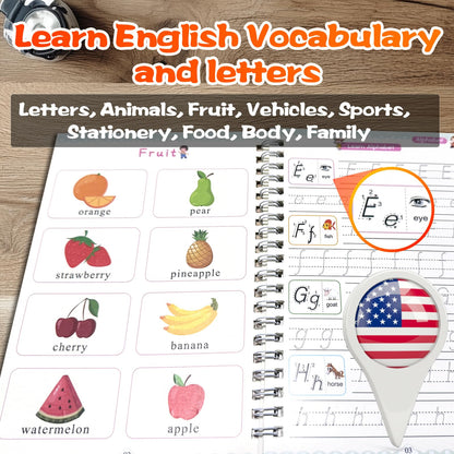 4 Magic Grooved Writing Practice for Kids - English Pre K Tracing Practice Book, Reusable Preschool Handwriting Workbooks Without Tears, 4-Theme Copybooks with Pen Refill for Age 3-10 (English, Small)