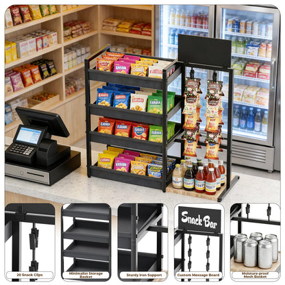 DEMEGA 4-Tier Snack Organizer with 20 Clips, Large Capacity Snack Rack with Message Board, Modern Industrial Snack Cart for Kitchen Office Store Party Countertop, Matte Black Metal & Oxford Fabric Snack Storage