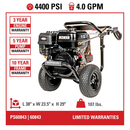 Simpson 4400 PSI Gas Pressure Washer, 4.0 GPM Commercial Power Washer, Cold Water, 50' Hose, PowerShot, 49-State Compliant (PS60843) - Black
