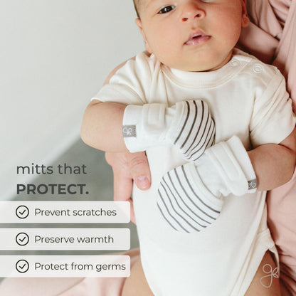 goumikids Viscose Made from Bamboo Cotton Stay-On Mitts, 0-3m Stripe Gray Mitts