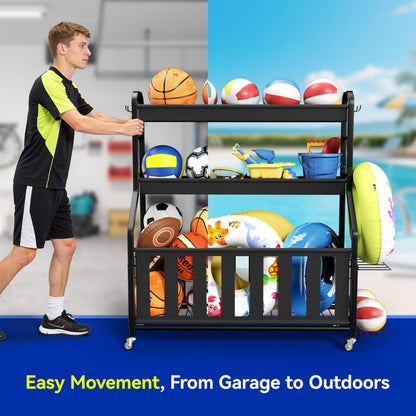 Keepmisc Sports Equipment Organizer, Rolling Ball Storage Cart with Locking Wheels, Hooks & Bat Rack