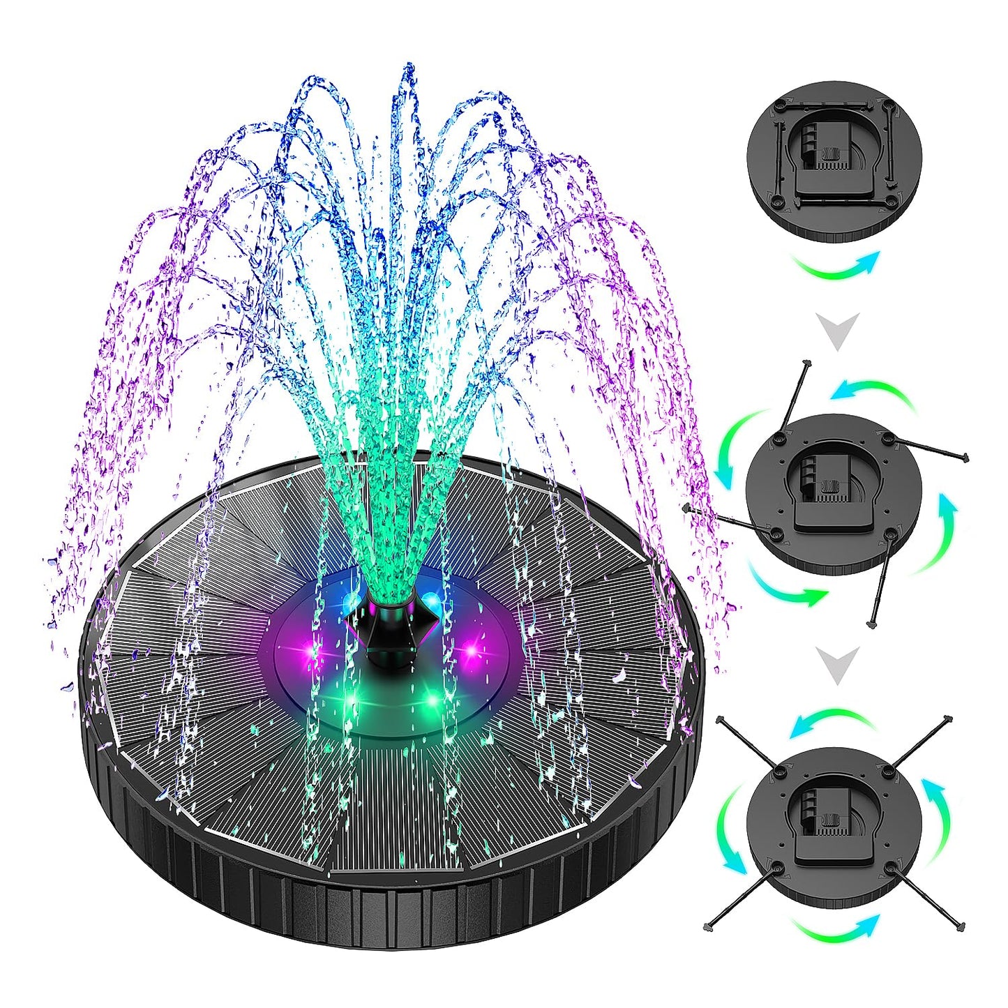 SZMP 3.5W Glass Solar Fountain with Swivel-Out Fixed Rods, Solar Bird Bath Fountains with LED Lights and 2000mAh Battery, 7 Nozzles, Outdoor Solar Water Fountain Pump for Garden, Pool, Pond (Black)