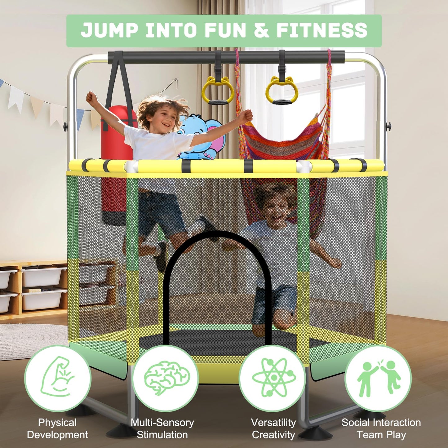 60" Trampoline for Kids, Upgrade Full Anti-Rust 440lbs Indoor Outdoor Toddler Trampoline with Net, Adjustable Trampolines with Anti-Rollover Bottom, Birthday Gifts for Boys & Girls