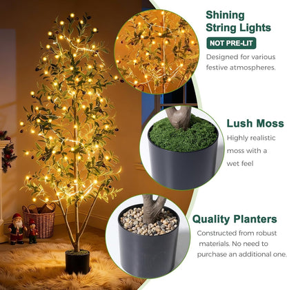 Olive Trees Artificial Indoor, 7FT Tall Faux Olive Tree with Moss and Planter, Artificial Plants Indoor with Natural Wood Trunk and Lifelike Fruits, Fake Tree for Home Office Living Room Decor