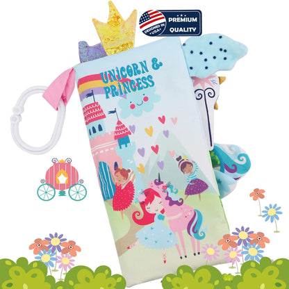 bebe mondo Unicorn Baby Books 0-6 Months Toys 6 to 12 Months, Touch Feel Cloth Crinkle Books for Babies,Infants, Soft Sensory Stroller Toys, Easter Baby Gifts Shower Items, Chweing Book (Princess)