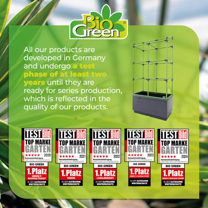 BioGreen Raised Garden Bed with Trellis CITY JUNGLE | 8.98 gal | 13“L x 24“W x 63.4“H | Integrated Irrigation System | Grey Self-Watering Planter Box