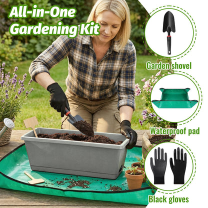 7 Pack Outdoor Planters, Plastic Rectangular Flower Pots with Saucers and Gardening Tools, 17 Inches for Indoor/Outdoor Plants, Herbs, Vegetables, Includes Trowel, Waterproof Mat & Gloves(Offwhite)