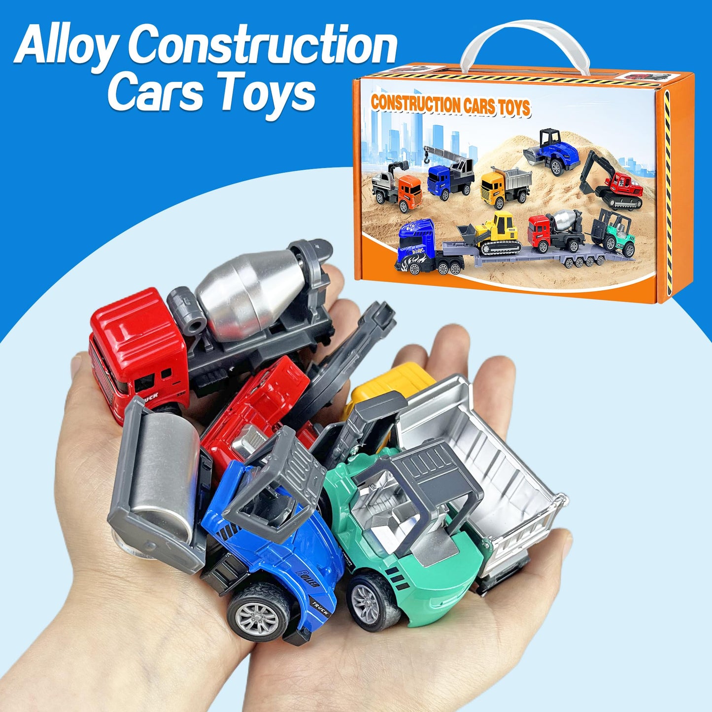 9 Pack Alloy Construction Truck Toys for 3 4 5 6 7 8 Years Old Boys Truck Vehicles Sand Sandbox Beach Toys Excavator Forklift Bulldozer Friction Powered