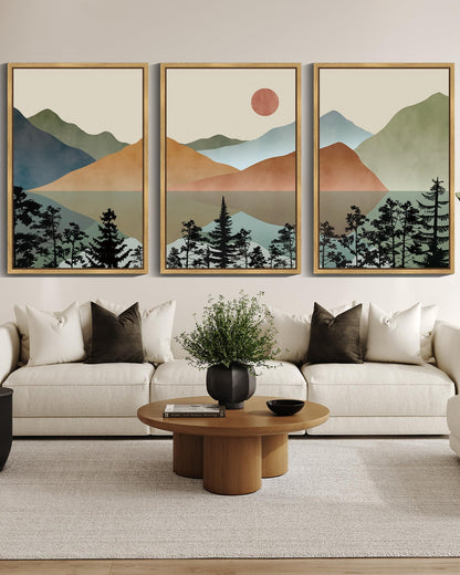 KUVIOKE Landscape Mountain Wall Art 24x 36in Large Set Lake Sunrise Pine Tree Forest Nature Scenry Wilderness Farmhouse Rustic Modern Art Decorative for Living Room Bedroom (Natural Framed)