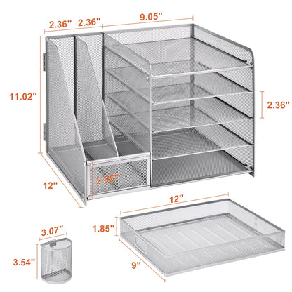 Marbrasse Desk Organizer with File Holder, 5-Tier Paper Letter Tray Organizer with Drawer and 2 Pen Holder, Mesh Desktop Organizer and Storage with Magazine Holder for Office Supplies (Silver)