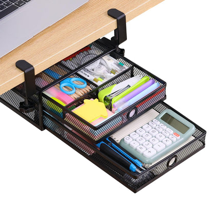 Euyona 2-Tier Clamp-On Mesh Organizer, Under Desk Storage with Slide-Out Tray, No Drilling Tool-Free Installation, Durable Rust-Resistant Metal, Large-Capacity Organizer.