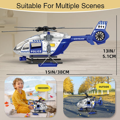 XUEXUE Large Police Helicopter Toy 15 Inch, Kids Helicopter with Crane & Hanging Tray, Toy Helicopter with Lights and Sounds, Helicopter Toys for Kids 3-5, Birthday Gift for Boys Age 3-7