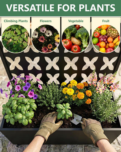 FOLAWO Metal Planter Box with Trellis,70.9"x47.2"x15.7" Raised Garden Bed with Drainage Holes, Privacy Planters for Outdoor Garden Bed for Climbing Plants,Vegetables,and Vines, Black-X