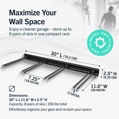 StoreYourBoard Ski Rack Wall Mount – Heavy-Duty Steel Ski Wall Mount Holds Up to 8 Pairs of Skis, Space-Saving Ski Rack for Garage, Home, or Cabin – Durable Wall Storage Organizer - Holds Up to 200lb