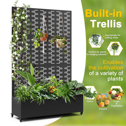 FENCY Metal Raised Garden Bed with Wheels and Trellis,73"x47"x16" Planter Box for Climbing Plants, Vegetables & Vines, Features Privacy Screen and Drainage Holes (Black-Brick)