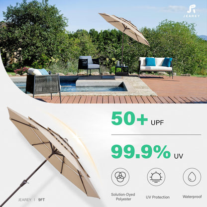 JEAREY 9FT 3 Tier Patio Umbrella Outdoor Market Umbrella Table Umbrellas with 8 Ribs 1.5 Pole Push Button Tilt and Crank UV Protection for Garden,Beige