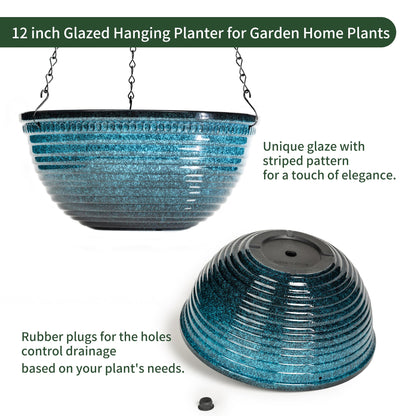 Vanslogreen 12 inch Hanging Planters for Indoor Outdoor Plants, 2 Pack Large Hanging Flower Pots with Drainage Holes and Chain, Glazed Hanging Baskets for Home Garden Decoration, Blue