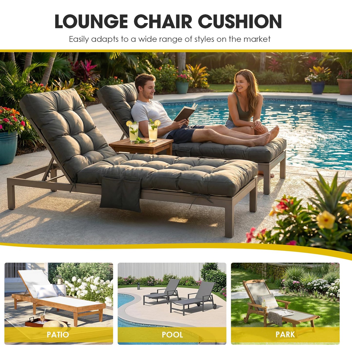 Yddsky Outdoor Chaise Lounge Chair Cushion,72"x22"x4" Lounge Chair Cushions Thickened with Pocket,Waterproof Replacement Patio Pool Lounge Chair Cushion for Outdoor Furniture with Ties,Dark Grey