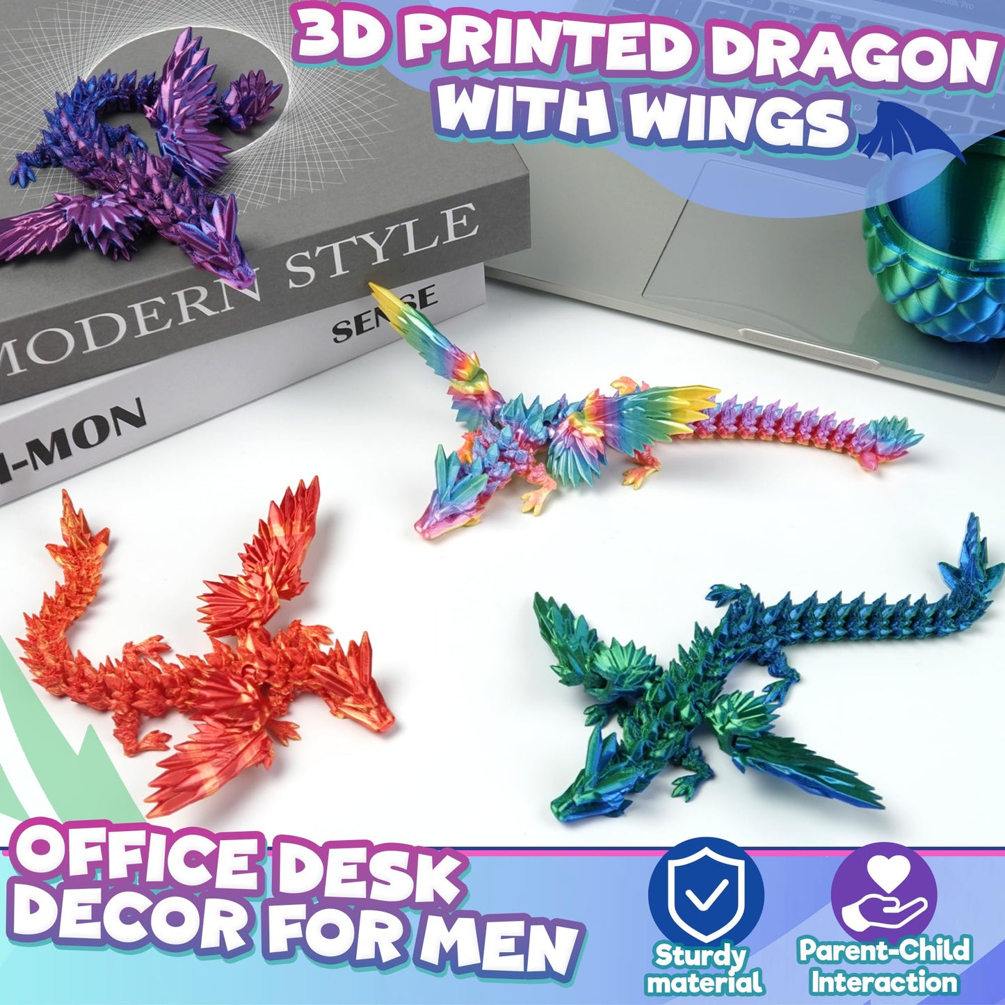 4PC Large 8.2" 3D Printed Dragon Eggs for Kids, Fidget Classroom Treasure Prize for Boy Girl Office Desk Decor for Adult Animals Dinosaur with Wings Travel Toys Easter Basket Stuffers Gifts for Teen