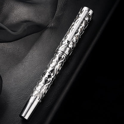 HONG DIAN D1 Piston Fountain Pen Fine Nib, Hollow Skeleton & Resin with Metal Case Set (Silver)