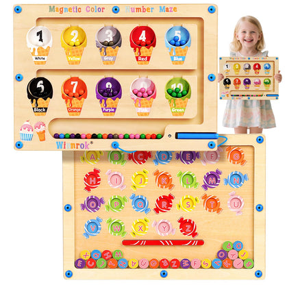 2 in 1 Magnetic Color and Number Maze, ABC Alphabet Puzzles Board Magnet Ice Cream Toys, Montessori Educational Magnet Puzzle, Preschool Learning Counting Toys for 2 3 4 5 Birthday Gifts