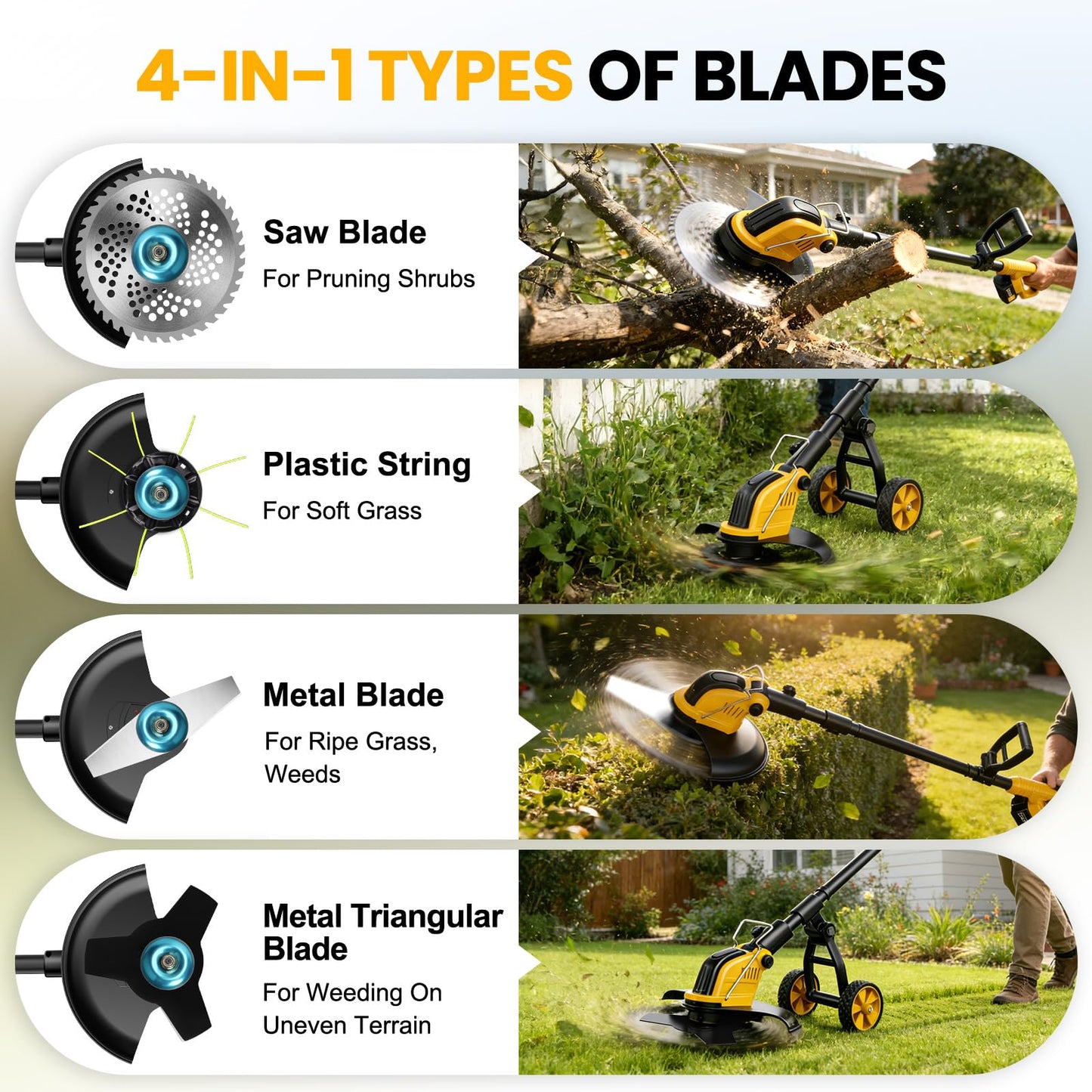 21V 800W Brushless Cordless Weed Wacker, 12 Inch Electric Weed Eater with Wheels, 2×3000mAh Batteries Included & 4 Cutting Blades for Lawn Garden Yard Maintenance