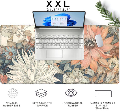 Nasdalgias Japanese Floral Desk Mat Boho Aesthetic Flower Desk Matt for Desktop Large XXL Gaming Mouse Pad Extended Deskpad Laptop Keyboard Computer Mat Office Decor for Women 31.5 X 15.7