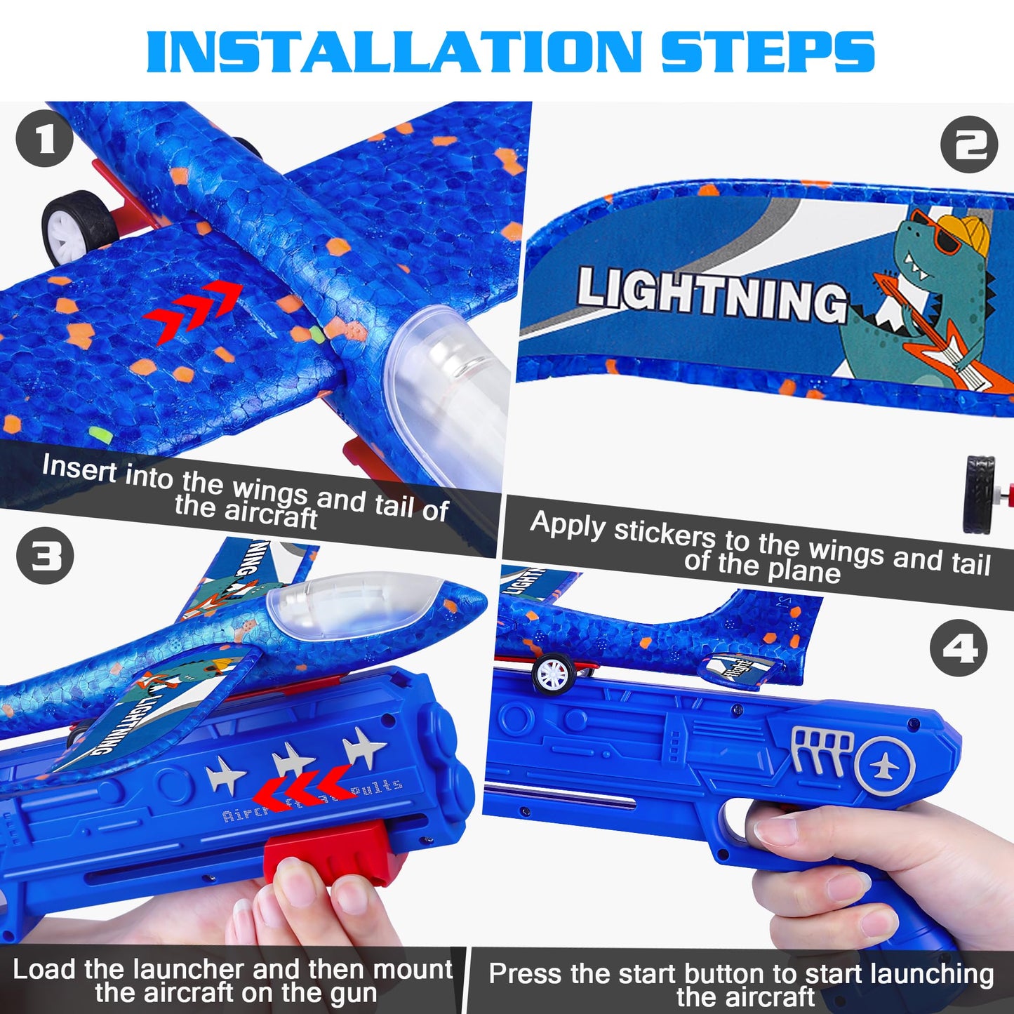 LJZJ 3 Pack Airplane Launcher Toys, 2 Flight Modes LED Foam Glider Catapult Plane, Outdoor Flying Toy for Kids, Birthday Gifts for Boy Girl 3+ Year Old, B-Day Party Supplies